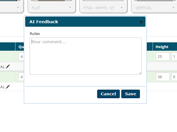 Ai Feedback AI Feedback modal with a 'Rules' section, a large text area showing 'Your comment…', and Cancel and Save buttons at the bottom.