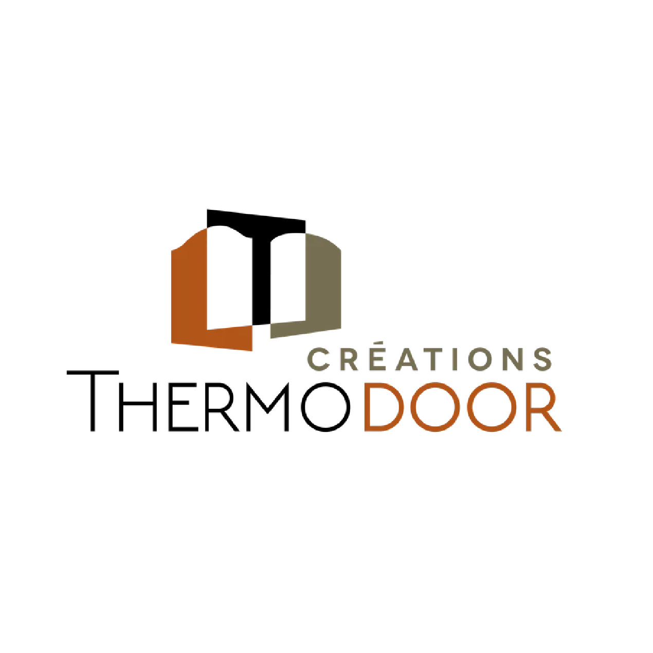 ThermoDoor Creations logo with abstract door shapes in brown and beige and the company name underneath side-by-side.