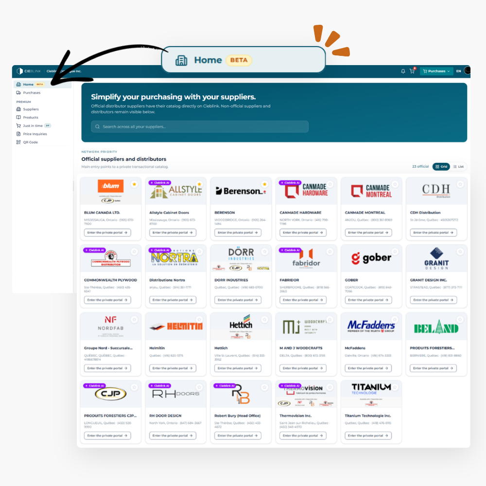 Cieblink Home tab showing every official supplier catalog